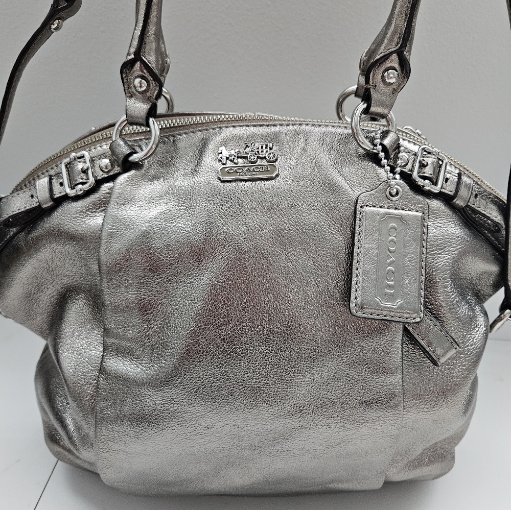 COACH MADISON METALLIC PEWTER PEBBLED LEATHER HOBO SHOULDER BAG
